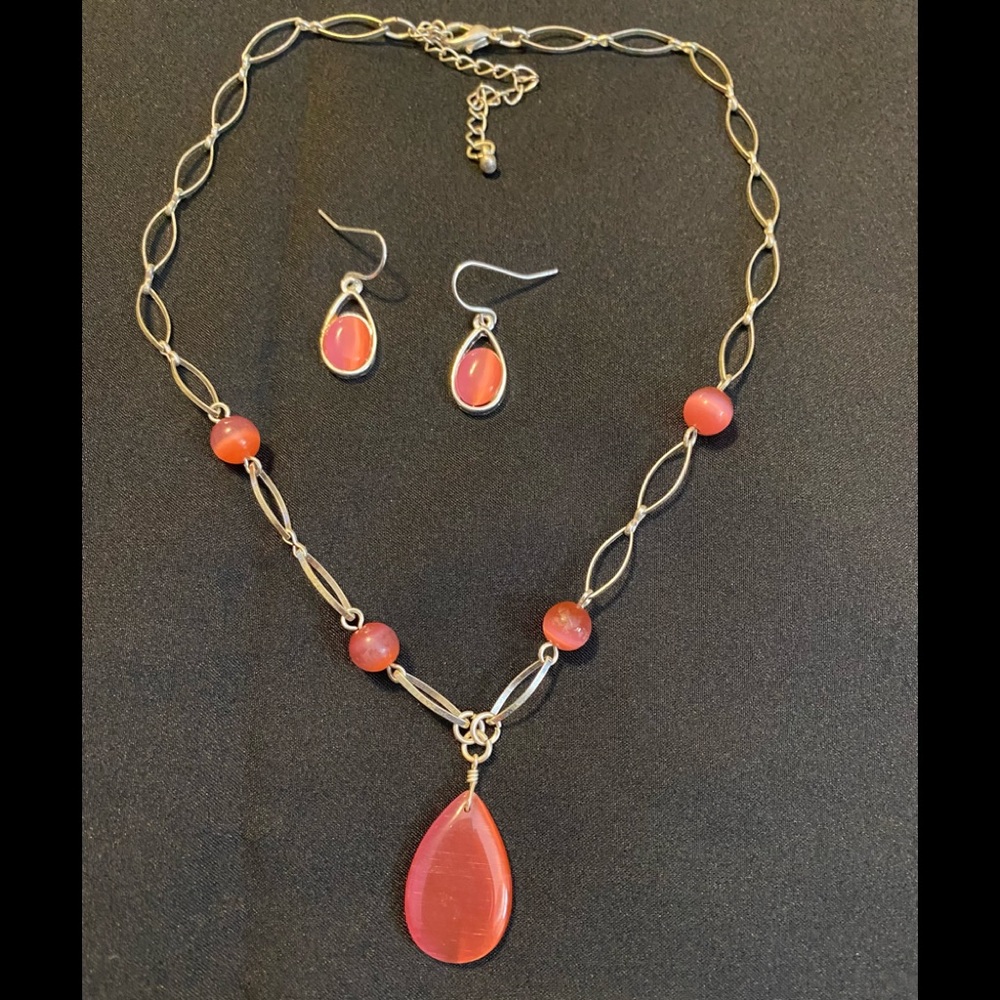 Pink and Silver Necklace and Earrings.